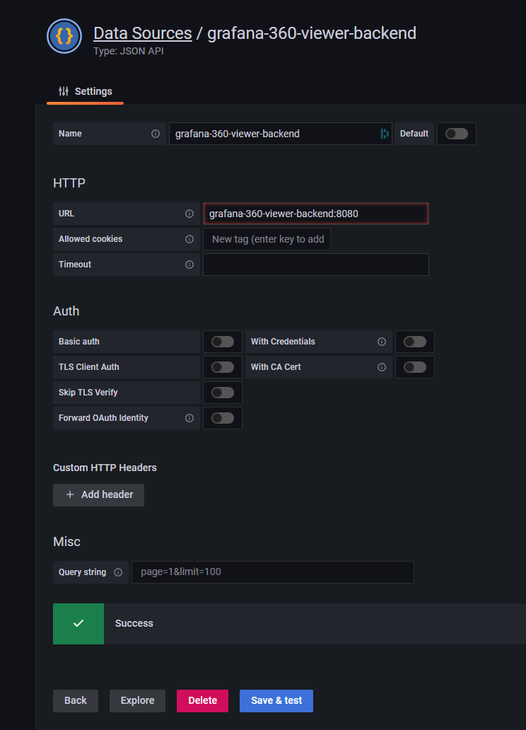 JSON API data source settings